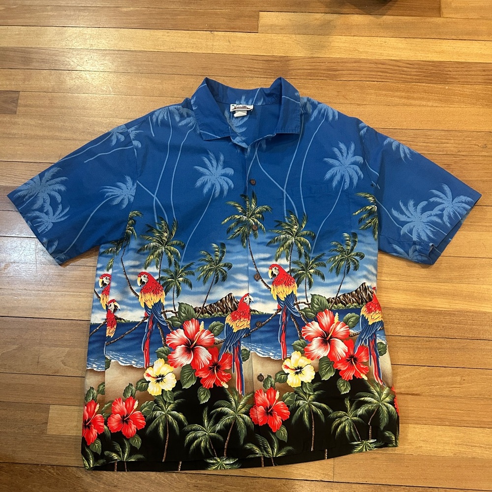 Vtg CT Hawaii Fashions  Parrots Palms Hibiscus Hawaiian  Shirt Men's XL  P7